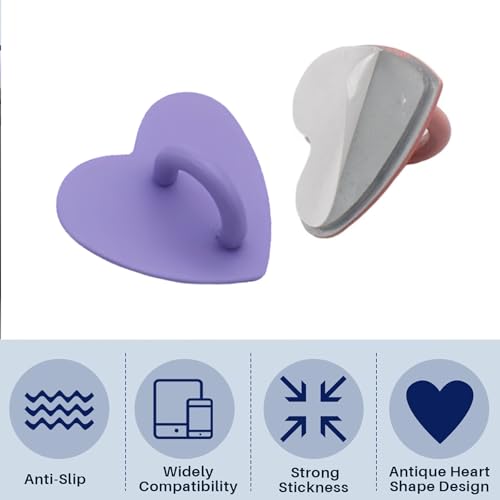 12 Pcs Metal Phone Finger Grip Hook Adhesive Heart Shaped Phone Charm Hook Smartphones Accessories Charm Loop Stand Keychain Ring Smartphones Holder Heart Pad Ring for DIY Hanging Supplies (Purple) - color: Purple