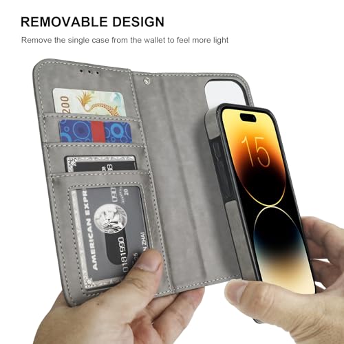 Bocasal Detachable Wallet Case Card Holder for iPhone 15 Pro Max Grey | RFID Blocking Kickstand Card Slots Holder PU Leather Magnetic Shockproof Wrist Strap Removable Flip Protective Cover 6.7 inch - color: Gray