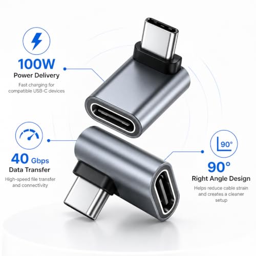 ENCASED 100W 90° USB-C Male to Female Adapter, 40Gbps - 2 Pack (Grey)