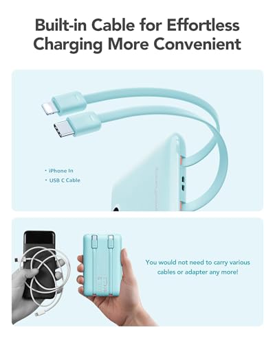 Mini Portable Charger with Built-in Cables 20W Fast Charging Power Bank USB-C Small Battery Pack 10000mAh Travel Essential Slim Battery for iPhone 17/16/15/14, Samsung 25/24, and More - color: Blue