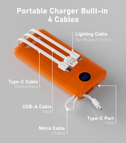 Portable Charger Built in 4 Cables, 10000mAh Power Bank, Orange - color: Orange