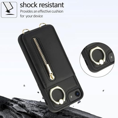 Crossbody Wallet Case for iPhone 7/8/SE 2020/SE 2022, with Card Slots Zipper Pocket Case, Flip Folio Purse RFID Blocking with Ring Kickstand Detachable Strap-Black - color: Black, size: iPhone 7/8/SE 2020/SE 2022 (4.7")