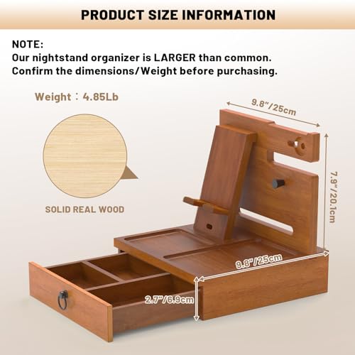 Wood Phone Docking Station, Nightstand Organizer with Drawer - color: Stylish Brown, size: Without charging station