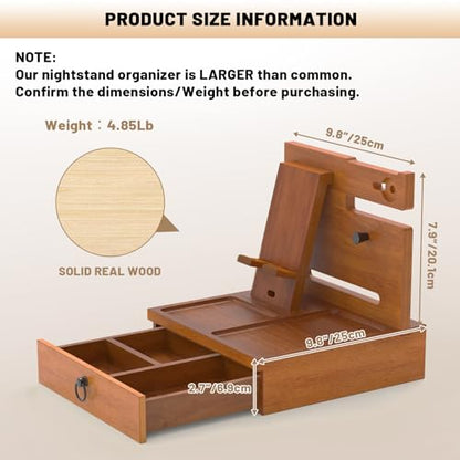Wood Phone Docking Station, Nightstand Organizer with Drawer - color: Stylish Brown, size: Without charging station