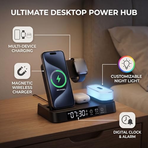 ASHATA 4 in 1 Wireless Charging Station 3 in 1 Stand with Digital Alarm Clock 7 Color Night Light for Phone Watch Earbuds (Black) - color: Black