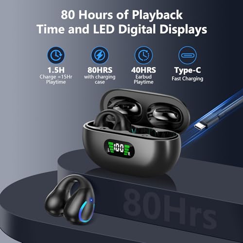 Ultra Open Ear Headphones Bluetooth 5.3 Wireless Bone Conduction Clip On Earbuds with Digital Display Charging Case 60 Hours Playtime Sport Earphones IPX7 Waterproof for Running Fitness Black