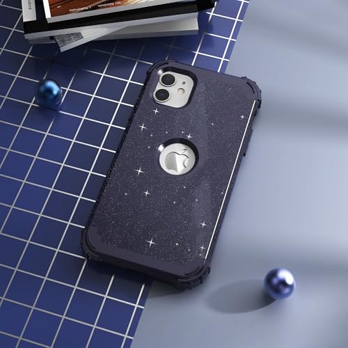 IDweel for iPhone 11 Case with Screen Protector(Tempered Glass), Hybrid 3 in 1 Shockproof Slim Fit Heavy Duty Protection Hard PC Cover Soft Silicone Bumper Full Body Case,Glitter Navy Blue - color: Glitter Navy Blue