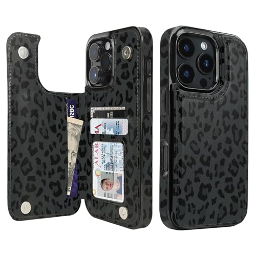 Compatible with iPhone 16 Pro Wallet Case with Card Holder, Back Flip Folio PU Leather Kickstand Card Slots Case for Women Girls, Double Magnetic Clasp Cover 6.3" (Black Leopard) - color: Black Leopard, size: iPhone 16 Pro 6.3 inch