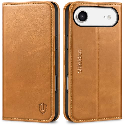 SHIELDON Real Leather Wallet Case for iPhone Air 6.5", Retro Light Brown | Folio Magnetic Closure, RFID Blocking, Credit Card Holder, Kickstand, Shock Absorbing Protective Cover - color: Retro Light Brown