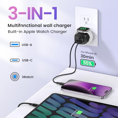 TOPADRE 20W USB C Charger Block for Apple Watch,3-in-1 Charger Block,Black - color: Black-1pack