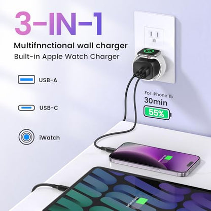 TOPADRE 20W USB C Charger Block for Apple Watch,3-in-1 Charger Block,Black - color: Black-1pack