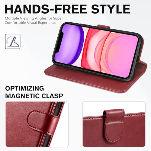 TUCCH Case Wallet for iPhone 11 (6.1") 2019, RFID Blocking Folio, Dark Red | 3 Card Holders, Kickstand, PU Leather, Magnetic Closure, Shockproof TPU Shell, Protective Flip Cover - color: Dark Red