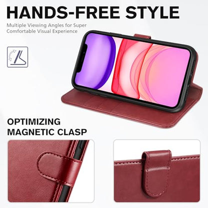 TUCCH Case Wallet for iPhone 11 (6.1") 2019, RFID Blocking Folio, Dark Red | 3 Card Holders, Kickstand, PU Leather, Magnetic Closure, Shockproof TPU Shell, Protective Flip Cover - color: Dark Red
