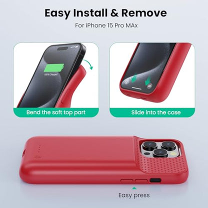 Battery Case for iPhone 15Pro Max, Upgrade 8600mah Portable Slim Battery Charging Case, 15W Fast Charging Rechargeable Protective Extended Charger Cover for iPhone 15 Pro Max (6.7 inch)-Red - color: Red