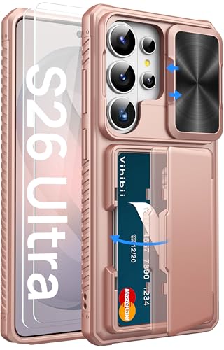 Vihibii for Samsung Galaxy S26 Ultra Case, 2X Screen Protector, Rose Gold | Card Holder (4 Cards), 9H Hardness, RFID Blocking, Slide Lens Cover, Military-Grade Drop Protection Wallet Case, Rose Gold - color: Rose Gold-SP