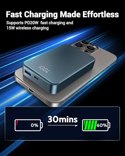Magnetic Power Bank 26800mAh for Magsafe Portable Charger, Aluminum Alloy Large Capacity 20W USB-C in&Out Wireless Fast Charging for iPhone17Pro Max/16/15/14/13/12 Series, Blue - color: Blue