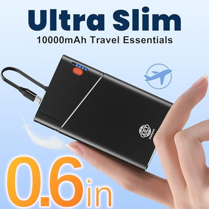 Aaoyun Portable Charger Power Bank, 10000mAh 22.5W PD Fast Charging Powerbank with Built-in USB C Cable, Slim External Phone Battery Pack for iPhone 17/16/15 Samsung S24 Android etc (Black) - color: Black