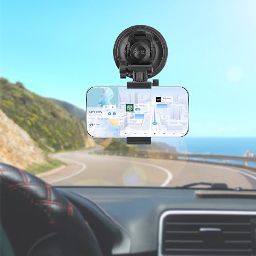 Heavy Duty Φ90mm Suction Cup + Adjustable Dual-Ball-Head Action Camera Dash Cam Phone Car Mount Windscreen Window Cockpit Holder for iPhone GoPro insta360 Video Recording (1.5kg Load)