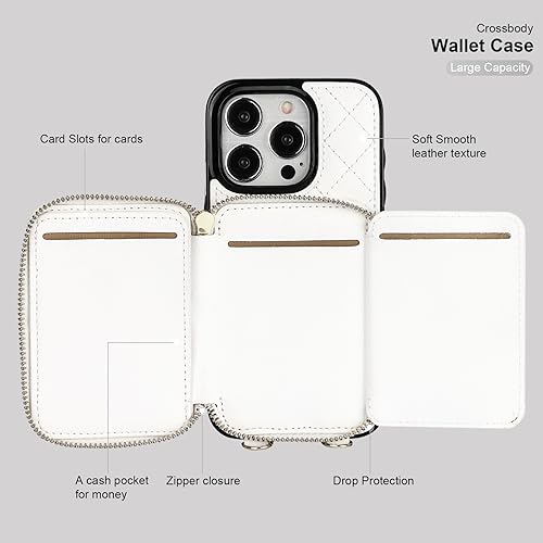 Bocasal Crossbody Wallet Case Card Holder for iPhone 15 Pro, White | RFID Blocking PU Leather Zipper Handbag Purse, Kickstand Flip Folio Case with Card Slots Holder Wrist Strap Lanyard 6.1 Inch - color: White
