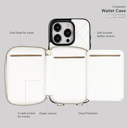 Bocasal Crossbody Wallet Case Card Holder for iPhone 15 Pro, White | RFID Blocking PU Leather Zipper Handbag Purse, Kickstand Flip Folio Case with Card Slots Holder Wrist Strap Lanyard 6.1 Inch - color: White