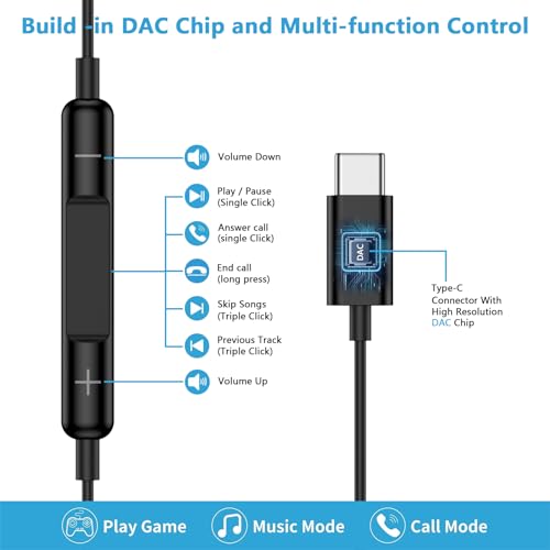 USB C Headphones for Samsung Phone, Wired Earbuds for Android Phone Samsung - color: Black