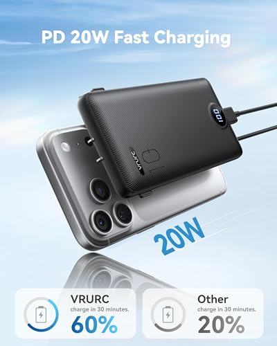 VRURC Fast Charging Portable Charger Power Bank AC Plug & Built-in Cables - color: Black