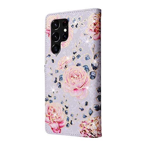 UEEBAI Wallet Case for Samsung Galaxy S22 Ultra 5G, PU Leather Case Kickstand RFID Blocking Flip Case Card Slots Wrist Strap Relief Engraved Pattern Magnetic Closure Flower Folio Case, Purple Rose - color: Purple Rose, size: Samsung Galaxy S22 Ultra 5G