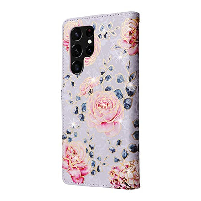 UEEBAI Wallet Case for Samsung Galaxy S22 Ultra 5G, PU Leather Case Kickstand RFID Blocking Flip Case Card Slots Wrist Strap Relief Engraved Pattern Magnetic Closure Flower Folio Case, Purple Rose - color: Purple Rose, size: Samsung Galaxy S22 Ultra 5G