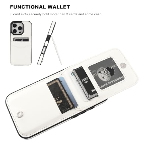 KIHUWEY for iPhone 16 Pro Wallet Case Card Holder Kickstand, White | Credit Card Slots, PU Leather, Magnetic Clasp, Flip Heavy Duty Protection Cover for Men and Women - color: White