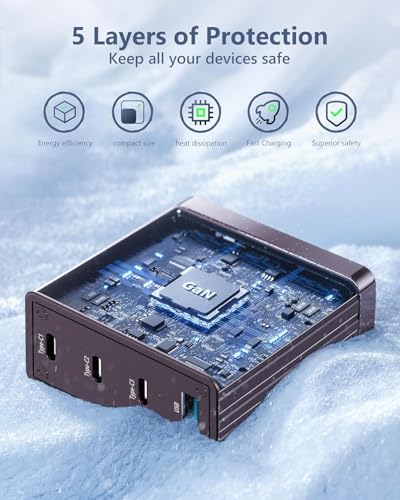 ACOUCOU 100W GaN Charger, 4-Port USB C Wall Charger with 3 USB-C & 1 USB-A, Foldable Fast Charging Block for MacBook, iPad, iPhone, Galaxy, Steam Deck & Laptops