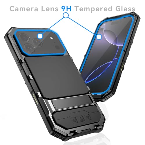 Simicoo Military Metal Heavy Duty Case Compatible with iPhone 17 Pro, Drop Protection Rugged Defender Metal Bumper Screws Phone Cover with Stand Gorilla Glass Camera Cover Full Body Dustproof Black - color: Black, size: iPhone 17 Pro