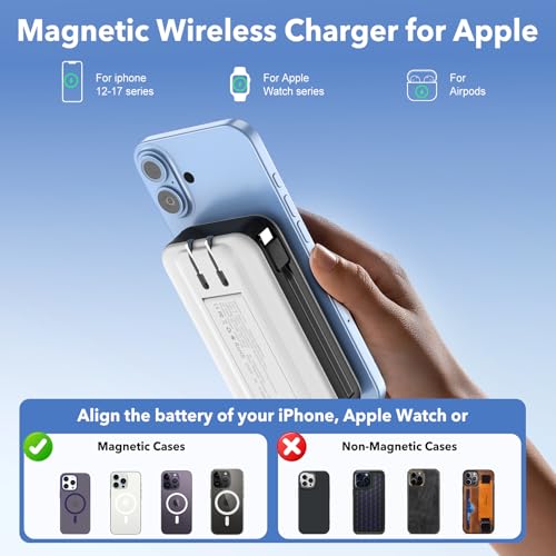 Magnetic Portable Charger 10000mAh for iPhone with Built-in Cables and Wall Plug,Wireless Power Bank with iWatch Charger,LCD Display 22.5W Fast Charging Battery Pack for iPhone 16/15/14/13/12 (White) - color: White