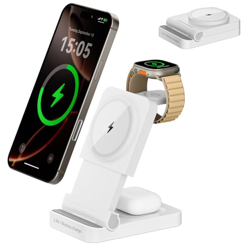 3-in-1 Foldable & Retractable Magnetic Wireless Charger, 15W Fast Charging Station, Portable Fast Charging Stand, Charging for iPhone 17/16/15/14/13/12, Apple Watch, AirPods (White) - color: White