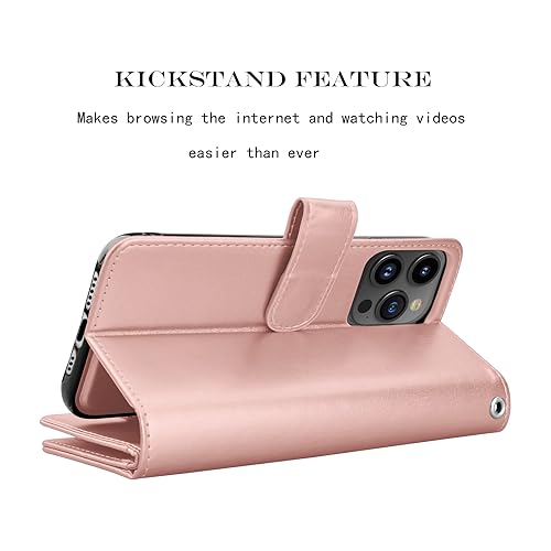 NJJEX iPhone 15 Pro Wallet Case, 9 Card Slots, Rose Gold | PU leather, ID Credit Card Holder, detachable folio flip, magnetic cover, kickstand, lanyard included - color: Rose Gold