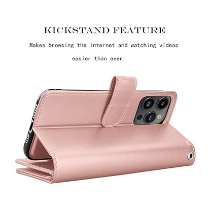 NJJEX iPhone 15 Pro Wallet Case, 9 Card Slots, Rose Gold | PU leather, ID Credit Card Holder, detachable folio flip, magnetic cover, kickstand, lanyard included - color: Rose Gold
