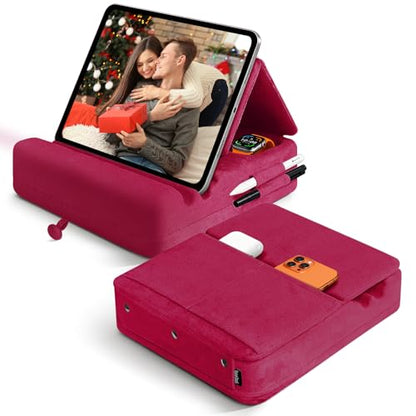 Tablet Pillow Stand with Storage, Foldable iPad Holder for Lep, Bed, Sofa, and Desk - Soft Pad Dock with Pocket and Stylus Mount Compatible with 4-13" iPad Pro/Air/Mini, Galaxy Tab, Kindle (Red) - color: Red