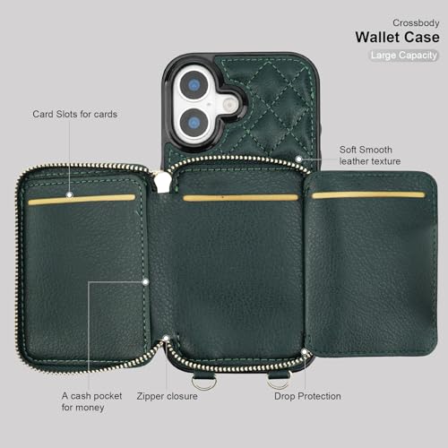 Bocasal Crossbody Wallet Case Card Holder for iPhone 17, Dark Green | RFID Blocking PU Leather Zipper Handbag Purse, Kickstand Flip Folio Case with Card Slots Holder Wrist Strap Lanyard 6.3 Inch - color: Dark Green