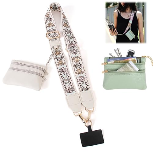 Phone Strap With Zippered Pouch, Universal Lanyard Crossbody Wrist Strap With Wallet, Adjustable - color: Beige A2