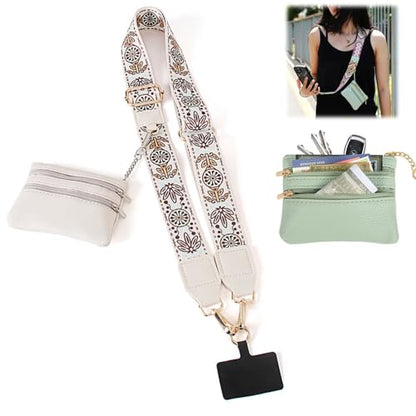 Phone Strap With Zippered Pouch, Universal Lanyard Crossbody Wrist Strap With Wallet, Adjustable - color: Beige A2