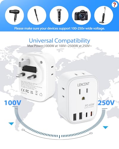 LENCENT US to UK Ireland Travel Plug Adapter, PD45W Grounded Type G Adapter - style: Type G-45W-UK Ireland