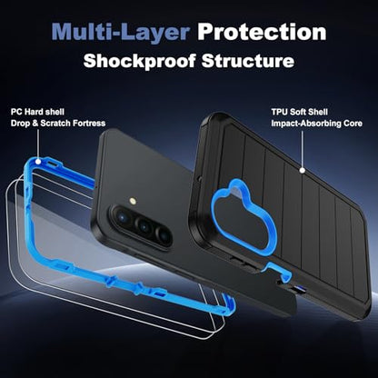 for Samsung Galaxy A17 5G Case, Military-Grade Drop Protection 3-Layer Rugged Shell with Screen Protector, Full-Body Non-Slip Shockproof Heavy Duty Protective Bumper Phone Cover (Black Blue) - color: Black Blue