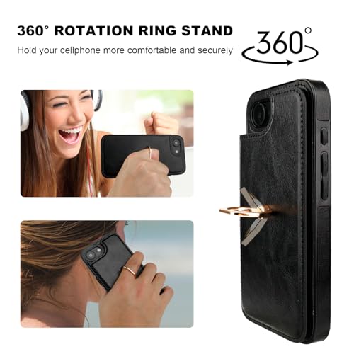 ONETOP for iPhone 17e/16e Wallet Case with Credit Card Holder,Black | 360° Rotation Ring Kickstand,Finger Grip,Double Magnetic Clasp,RFID Blocking PU Leather Shockproof Cover for Women Men - color: Black