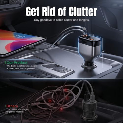 81W Retractable Car Charger, 45W USB-C Cable, 3-Port Fast Charger