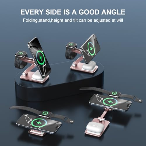 Wireless Charger 3 in 1,Foldable Wireless Charging Station for Apple MagSafe Charger,Aluminum Portable Magnetic Travel Charger Stand for iPhone,Watch,Aipods (with 20W Adapter & Case) - color: Gold
