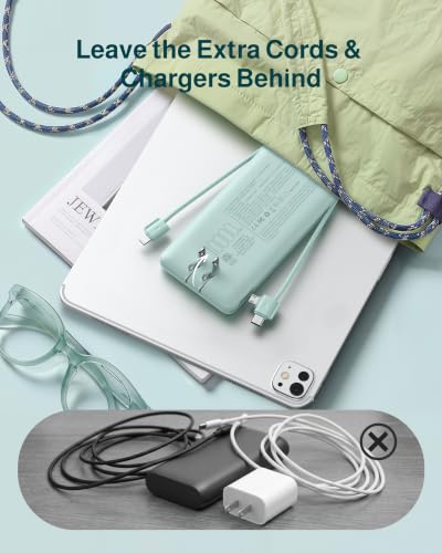 charmast 10000mAh Portable Charger with Built-in Cables and AC Wall Plug - color: Cyan