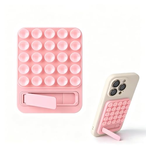 Silicone Suction Phone Mount, Universal Foldable Kickstand Holder for Mirror Glass, Strong Grip Washable Reusable Cell Phone Stand for Hands-Free Video Selfie (Pink) - color: Pink