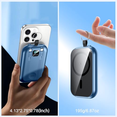 Magnetic Portable Charger 10000mAh Wireless Power Bank with Built-in Cables - color: blue