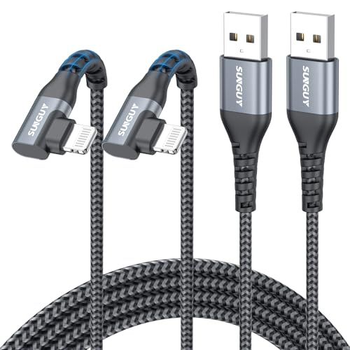 SUNGUY USB-A to Lightning Cable Right Angle 6.6FT 2-Pack, USB to Lightning iPhone Charger Cord 90 Degree Nylon Braided Compatible with iPhone 14/13/12/11 Pro Max Mini X XS XR 8 SE iPad9/mini - size: 6.6FT