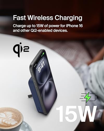 Belkin 10000mAh 15W Qi2 MagSafe Power Bank w/Built-in Kickstand | Wireless Charging Battery Pack, iPhone 17, Air, Pro, Pro Max, AirPods, Apple Watch, Google Pixel 10, Built-in Stand, Magnetic - color: Blue, style: 10K mAh