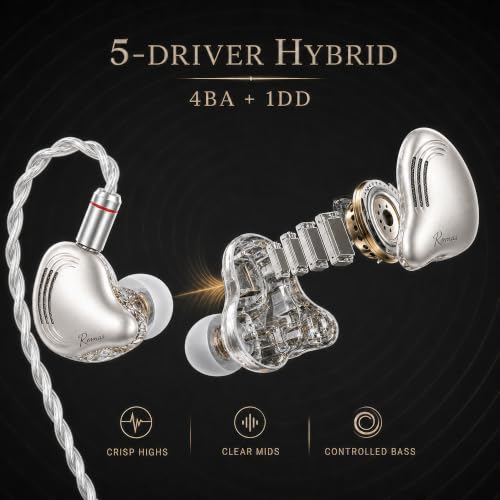Rosmas Wired Earbuds with Mic,SM10 Pro Wired Gaming IEM Earbuds with Mic, Detachable 2-Pin Cable, 4BA+1DD Hybrid in-Ear Headphones, Secure Over-Ear Fit, 3.5mm for PC and Controllers， Sliver - color: Silver